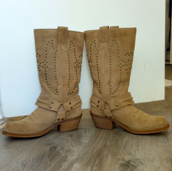 Women's Rocketdog Suede Leather Studded Motorcycle Boots Beige Size 6 - Picture 5 of 8